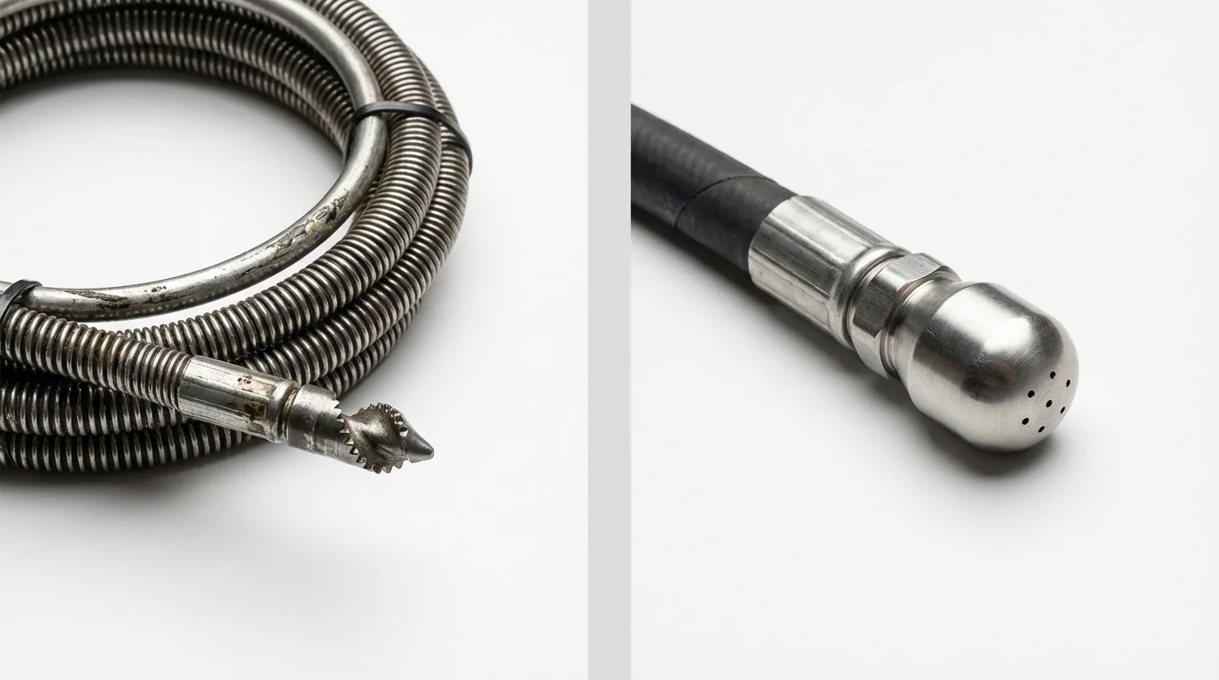 Drain snake cable and hydro jetting nozzle used for drain cleaning in Mounds, OK