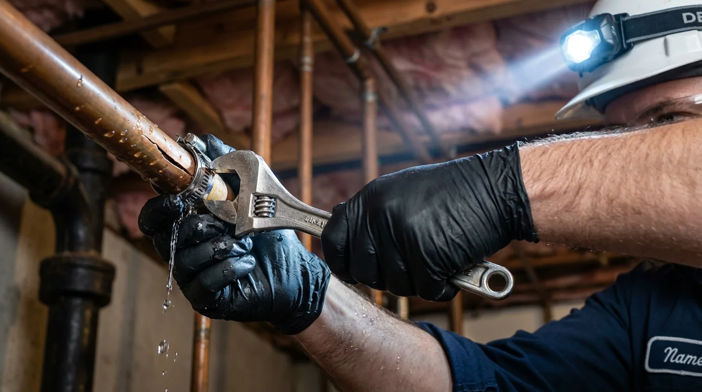 Emergency pipe clamp repair being performed by a Johns Plumbing LLC plumber in Mounds