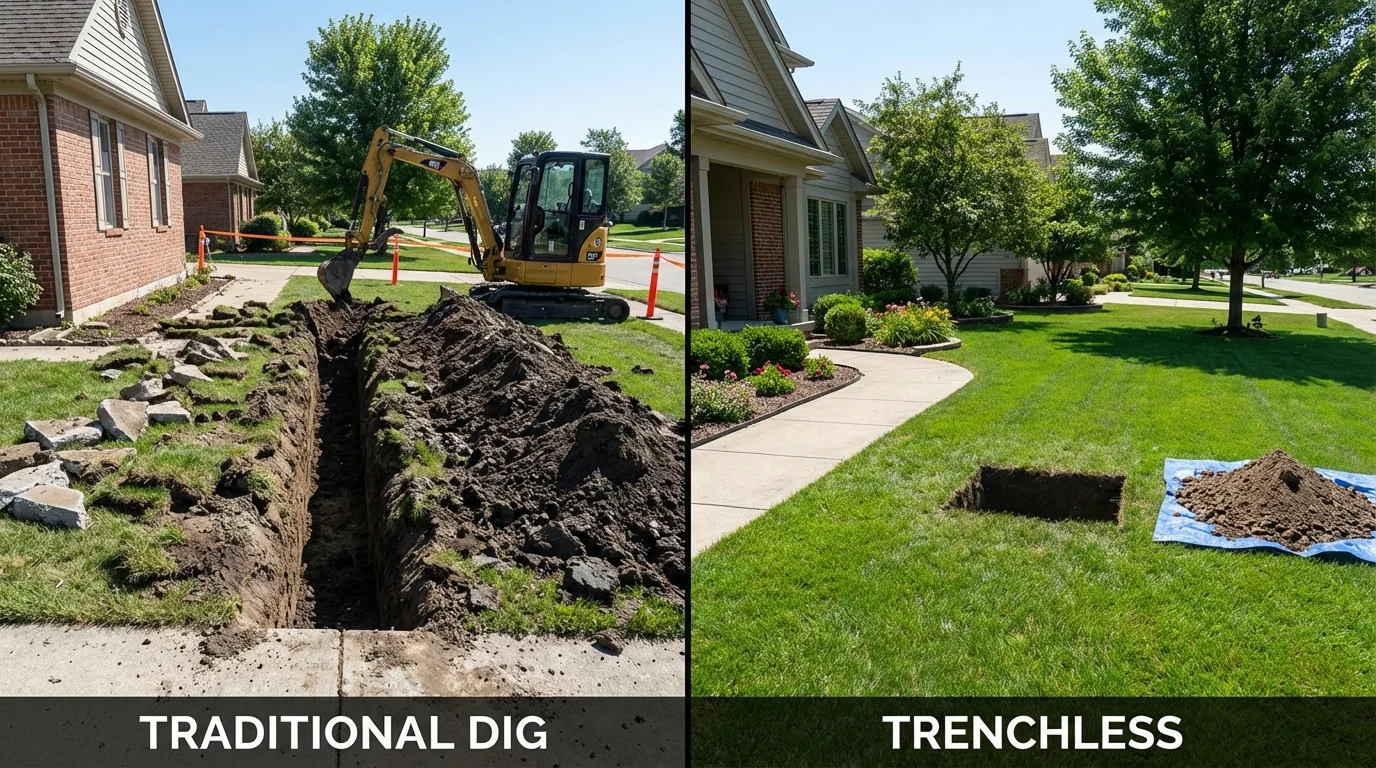 Trenchless sewer repair with minimal yard damage versus traditional excavation in Mounds, OK