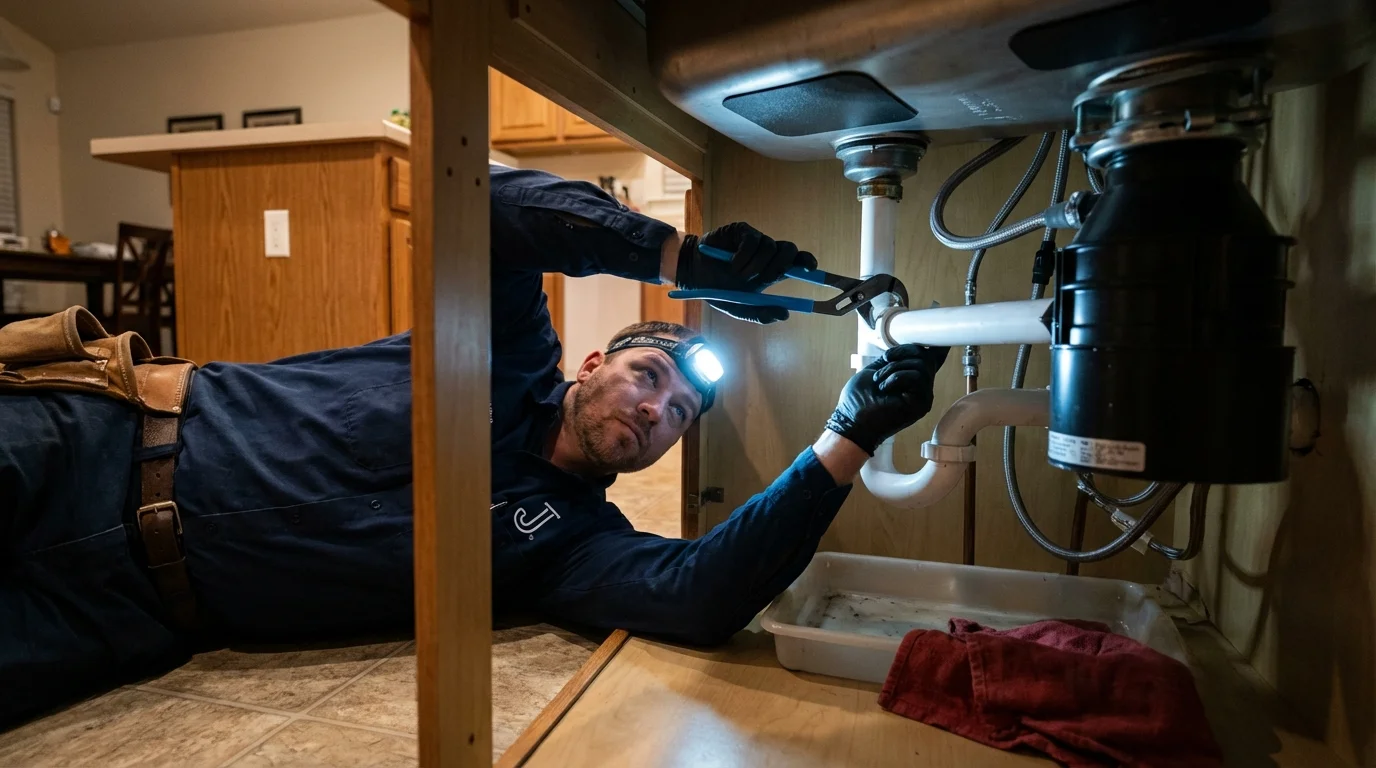 P-trap and supply line connections under a kitchen sink showing a common leak point in Mounds, OK
